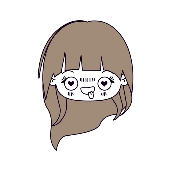 Sections de couleur de la silhouette et les cheveux brun clair de petite fille tête kawaii avec les cheveux longs et l'expression faciale épris — Image vectorielle