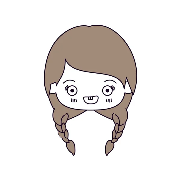 Bagian warna siluet dan rambut cokelat muda kawaii kepala gadis kecil yang lucu dengan rambut dikepang dan tersenyum - Stok Vektor