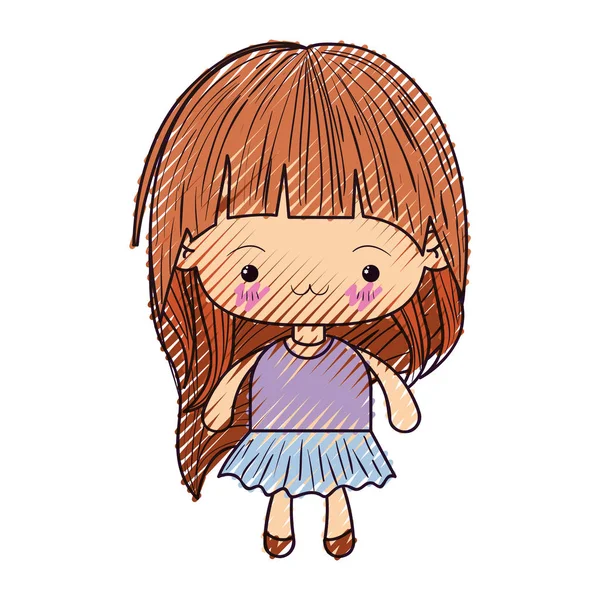 Silueta de crayón de color de la niña kawaii con el pelo largo y la expresión facial agotada — Vector de stock