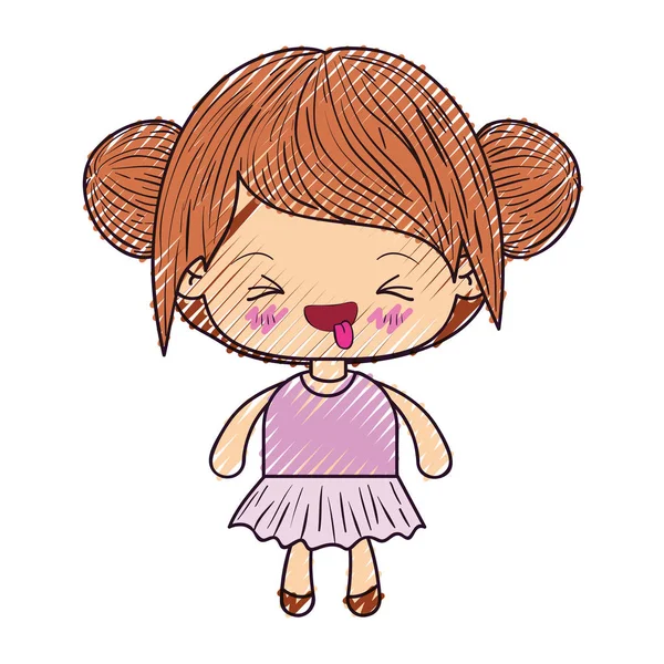 Kawaii silüeti renkli mum boya ile toplanan saç ve yüz ifadesi hoş olmayan küçük kız — Stok Vektör