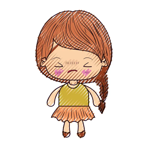 Silueta de crayón de colores de niña kawaii con cabello trenzado y expresión facial enojada con los ojos cerrados — Vector de stock