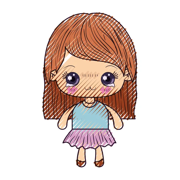 Χρωματιστές ξυλομπογιές σιλουέτα του kawaii χαριτωμένο κοριτσάκι με ίσια μαλλιά και έκφραση του προσώπου, κατάθλιψη — Διανυσματικό Αρχείο