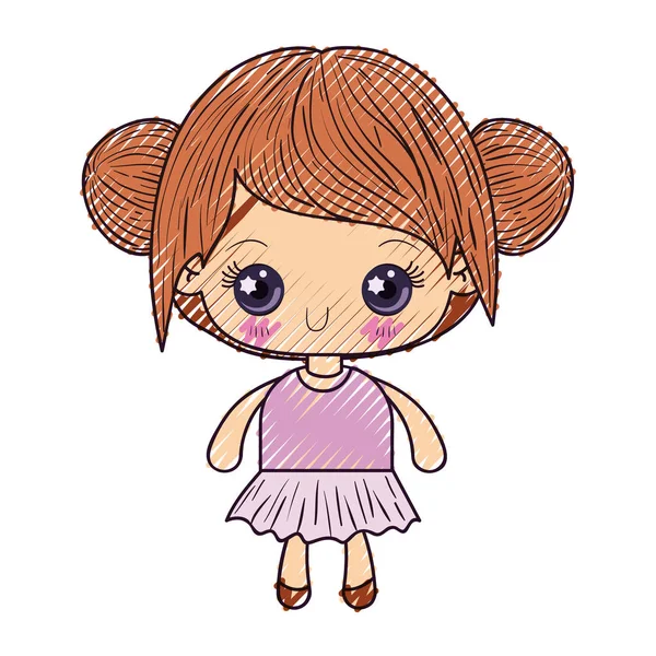 Barevná pastelka silueta kawaii roztomilá holčička s sebrané vlasy — Stockový vektor