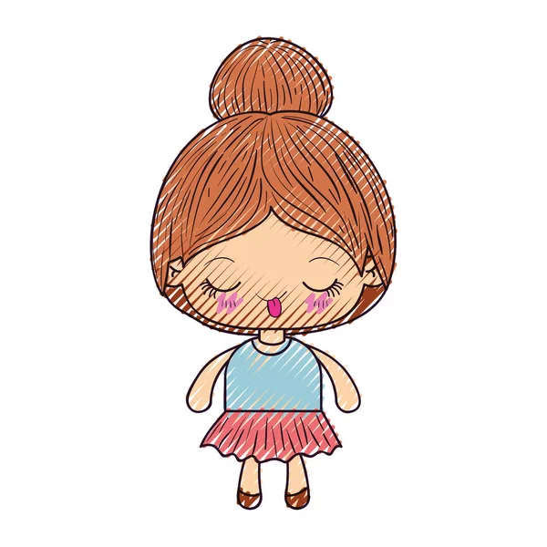 Couleur crayon silhouette de kawaii mignonne petite fille avec les cheveux recueillis et drôle d'expression faciale — Image vectorielle