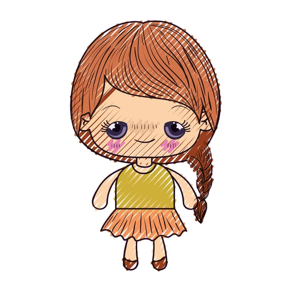 Cor crayon silhueta de kawaii bonito menina com cabelo trançado e expressão facial envergonhada —  Vetores de Stock