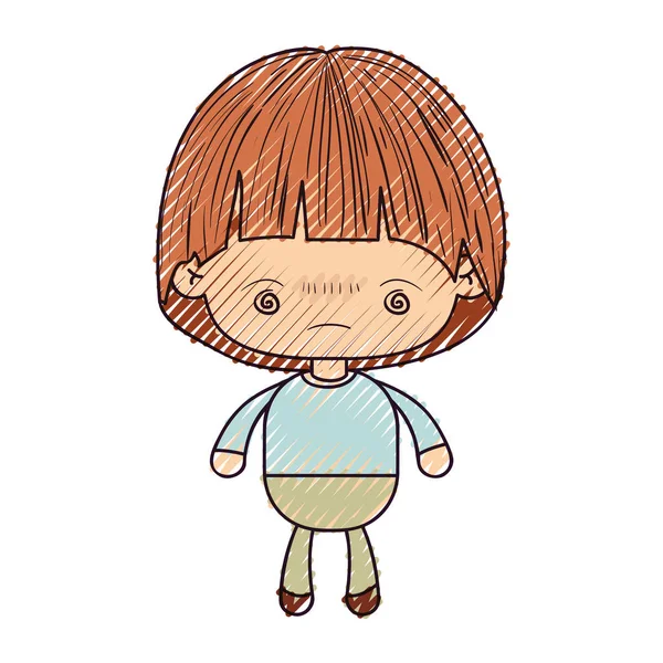 Silueta de crayón de color de niño kawaii con expresión facial aburrido — Vector de stock