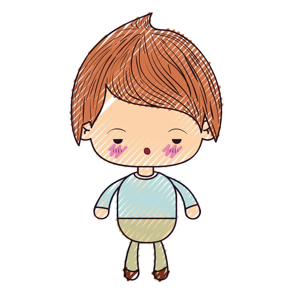 Sziluettje színes zsírkréta kawaii az arckifejezés szomorú kisfiú — Stock Vector