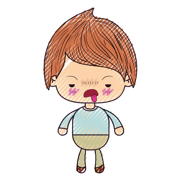 Sziluettje színes zsírkréta kawaii kisfiú a kellemetlen arckifejezés — Stock Vector
