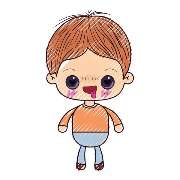Sziluettje színes zsírkréta kawaii kis fiú szerelmes arckifejezés — Stock Vector