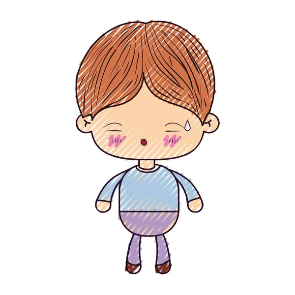 Kawaii silüeti renkli crayon yorgun bir yüz ifadesi ile küçük çocuk — Stok Vektör