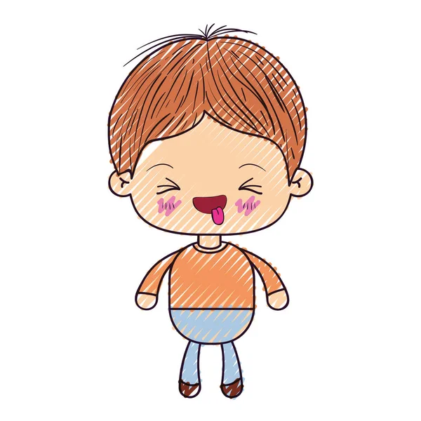 Silueta de crayón de color de niño kawaii con expresión facial divertida con los ojos cerrados — Vector de stock