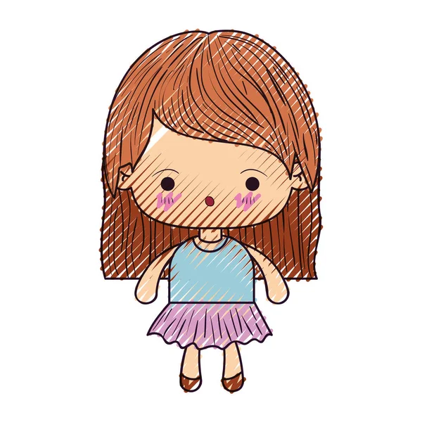 「カワイイ」の色クレヨン シルエット ストレートの髪と驚いた表情を持つ少女 — ストックベクタ