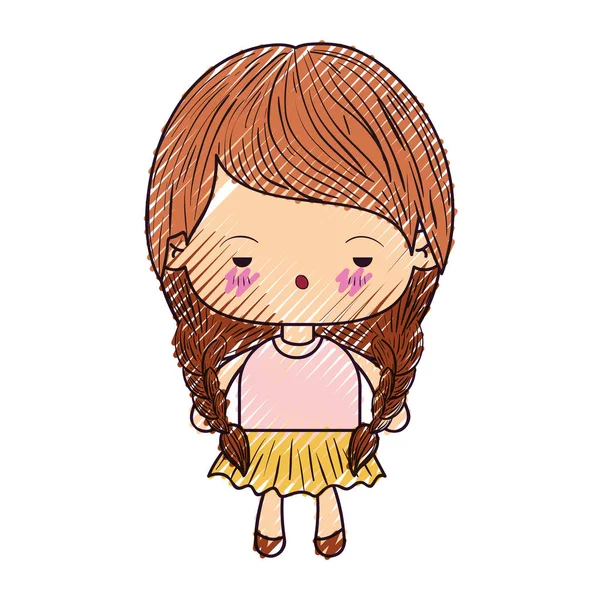 Couleur crayon silhouette de kawaii petite fille avec cheveux tressés et expression faciale déprimé — Image vectorielle