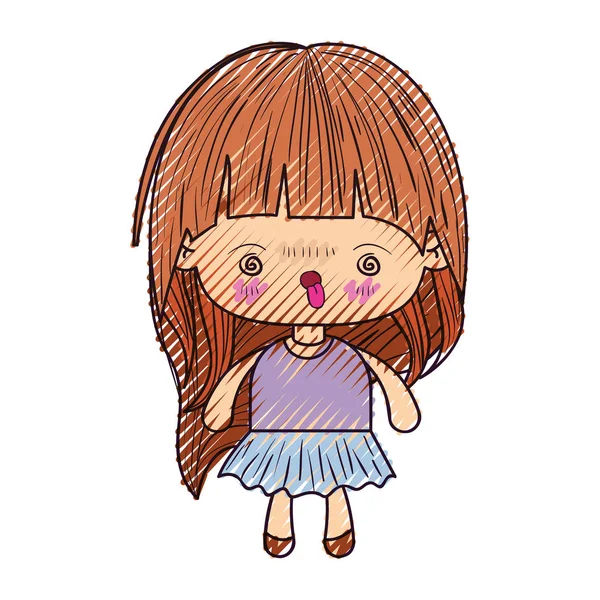 彩色的蜡笔剪影的卡哇伊小女孩，长头发和面部表情愤怒 — 图库矢量图片