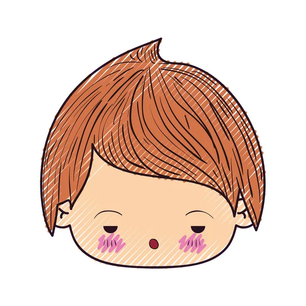 Couleur crayon silhouette de kawaii tête de petit garçon avec expression faciale triste en gros plan — Image vectorielle