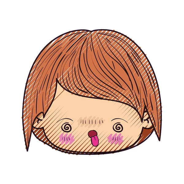 Silueta de crayón de color de la cabeza kawaii de niño pequeño con expresión facial furioso en primer plano — Vector de stock