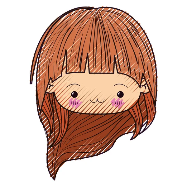 Silueta de crayón de color de la cabeza kawaii niña pequeña con el pelo largo y la expresión facial agotada — Vector de stock