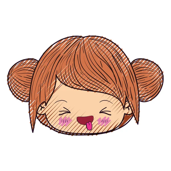 Silueta de crayón de color de la cabeza kawaii niña con el pelo recogido y la expresión facial desagradable — Vector de stock