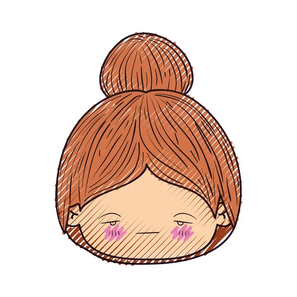 Silueta de crayón de color de la cabeza kawaii niña con el pelo recogido y la expresión facial triste — Vector de stock