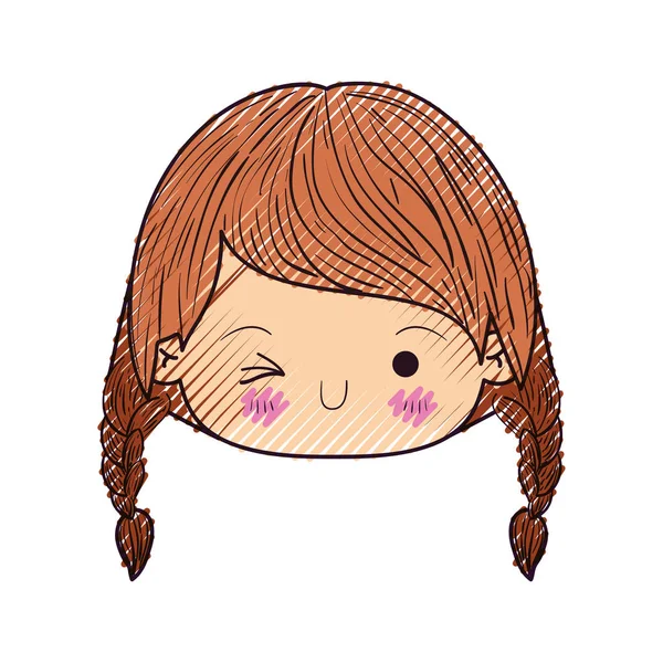 Couleur crayon silhouette de kawaii tête petite fille avec cheveux tressés et expression faciale clin d'oeil — Image vectorielle