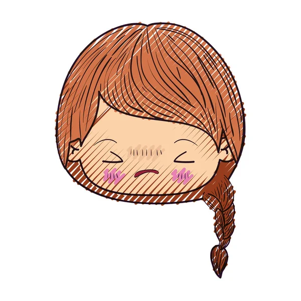 Colored crayon silhouette of kawaii head little girl with braided hair and facial expression angry with closed eyes — Stock Vector