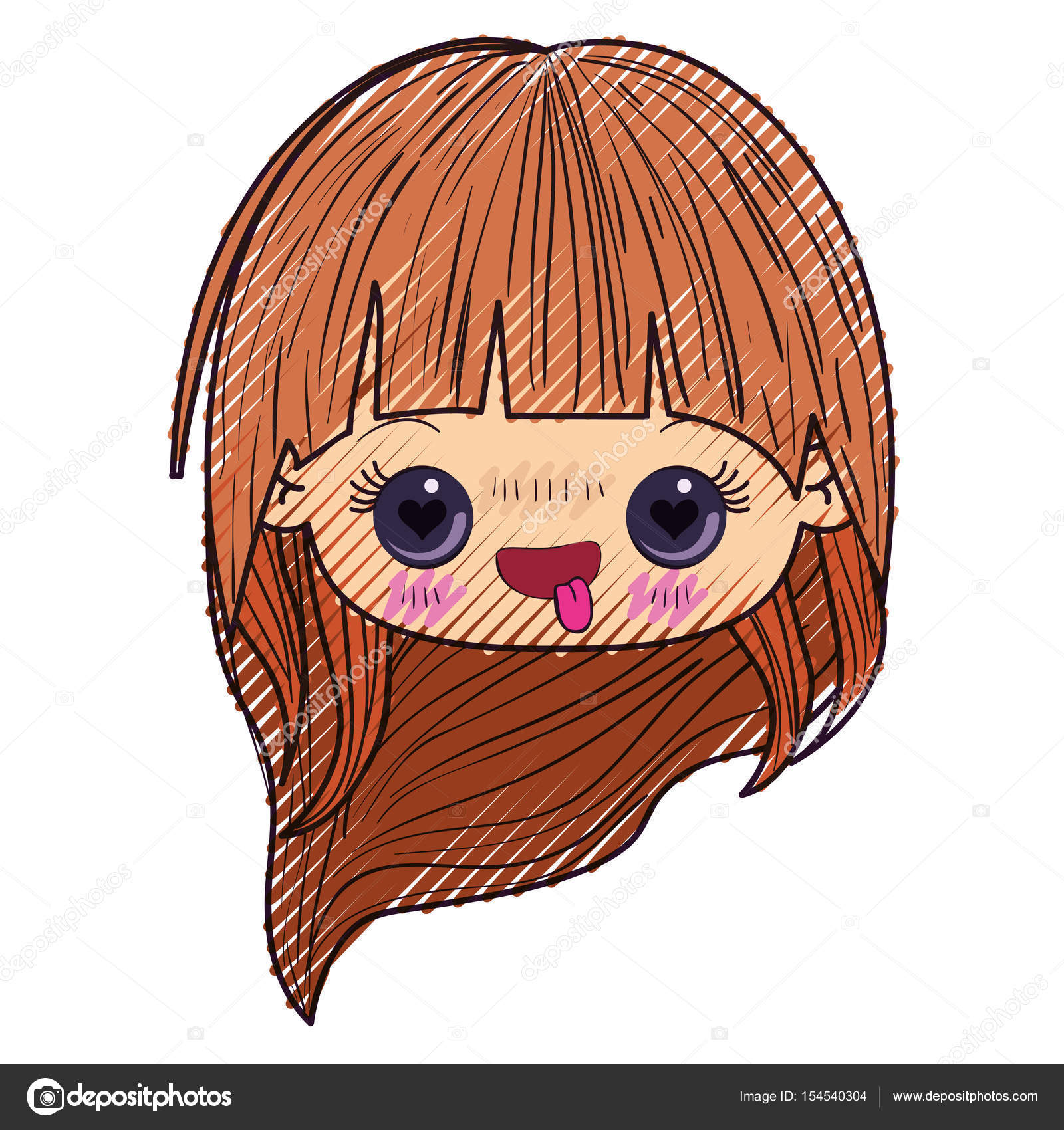 Sagoma colorata pastello di kawaii testa piccola ragazza con lunghi capelli e viso espressione innamorata di vettore — Vettoriali di grgroupstock