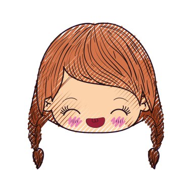 kawaii silüeti renkli crayon baş örgülü saçlı küçük kız ve yüz ifadesi mutluluk ile kapalı gözler