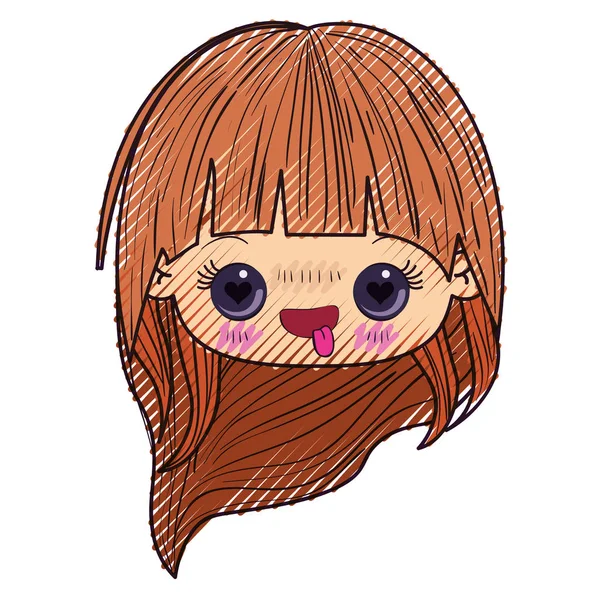 Silueta de crayón de color de la cabeza kawaii niña con el pelo largo y la expresión facial enamorada — Vector de stock