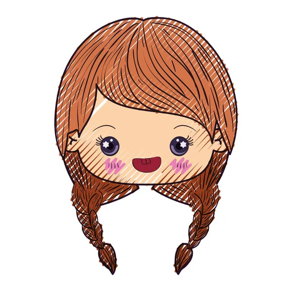 Silueta de crayón de color de la cabeza kawaii de niña linda con pelo trenzado y sonriente — Vector de stock