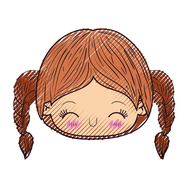 Silueta de crayón de color de la cabeza kawaii niña pequeña con pelo trenzado y expresión facial riendo — Vector de stock