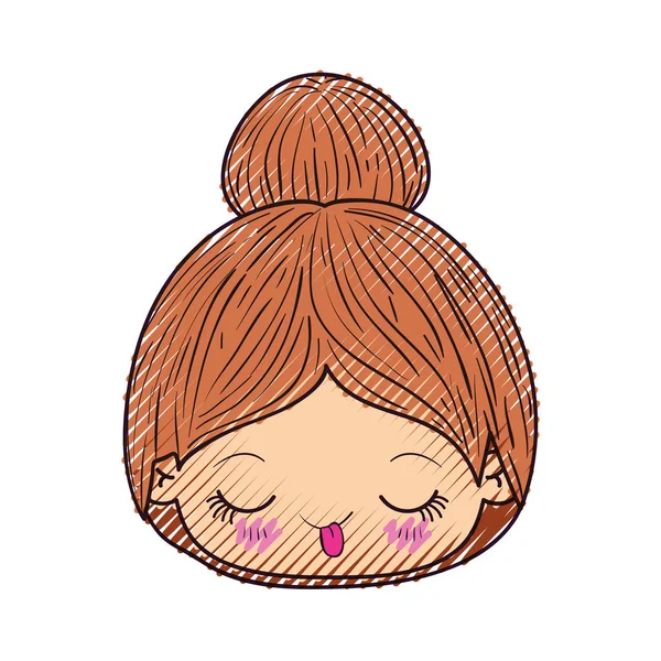 Silueta de crayón de color de la cabeza kawaii linda niña con pelo recogido y expresión facial divertida — Vector de stock