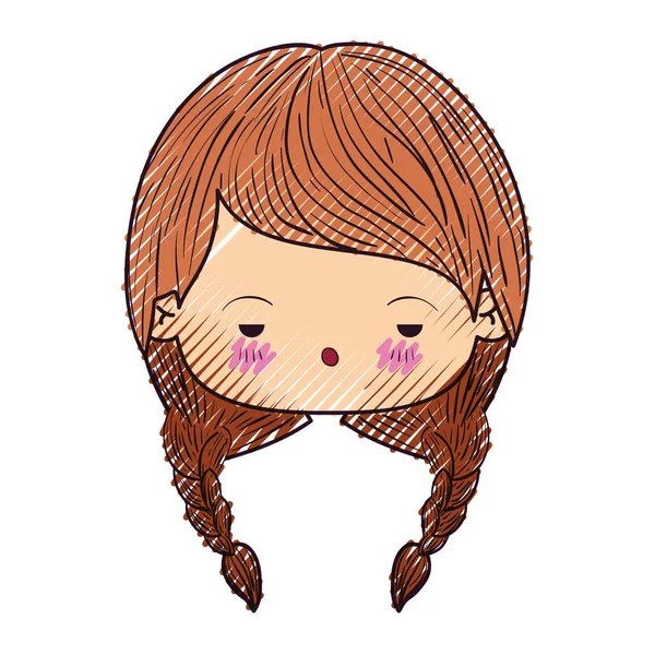 Silueta de crayón de color de la cabeza kawaii linda niña con pelo trenzado y expresión facial deprimida — Vector de stock