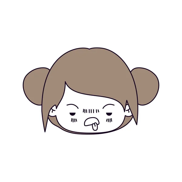 Sections de couleur silhouette de l'expression faciale kawaii peu savoureux petite fille avec les cheveux collectés en brun clair — Image vectorielle
