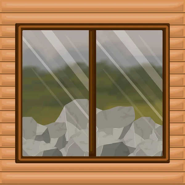 Orman ve kayalar pencere manzarası ile renkli arka plan iç ahşap kabin — Stok Vektör