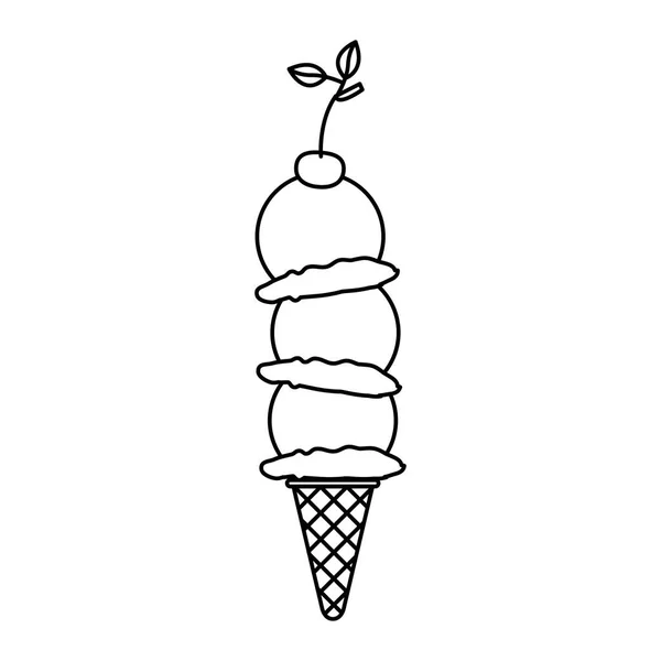 Silhueta preta de cone de sorvete com três bolas e cereja — Vetor de Stock