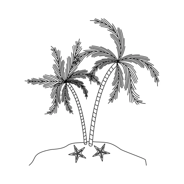 Svart siluett av ön med palmer och sjöstjärnor — Stock vektor