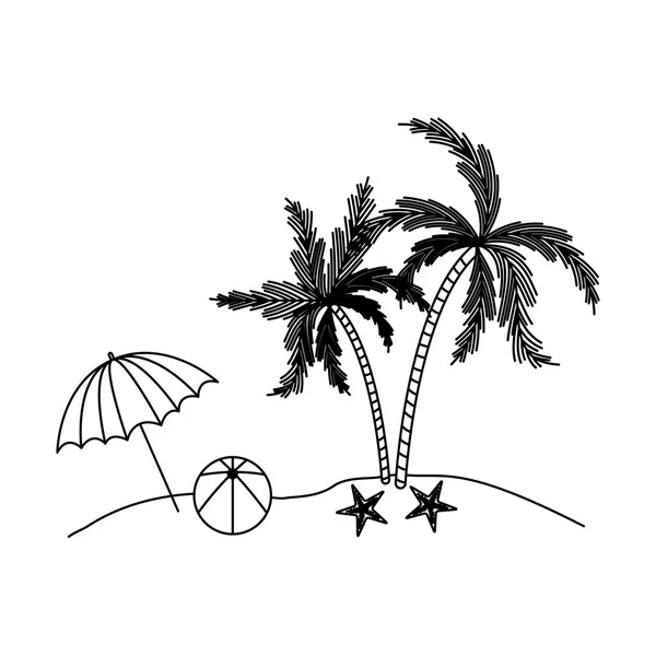 Zwarte silhouet van strand met palmbomen en zeester en paraplu en bal — Stockvector