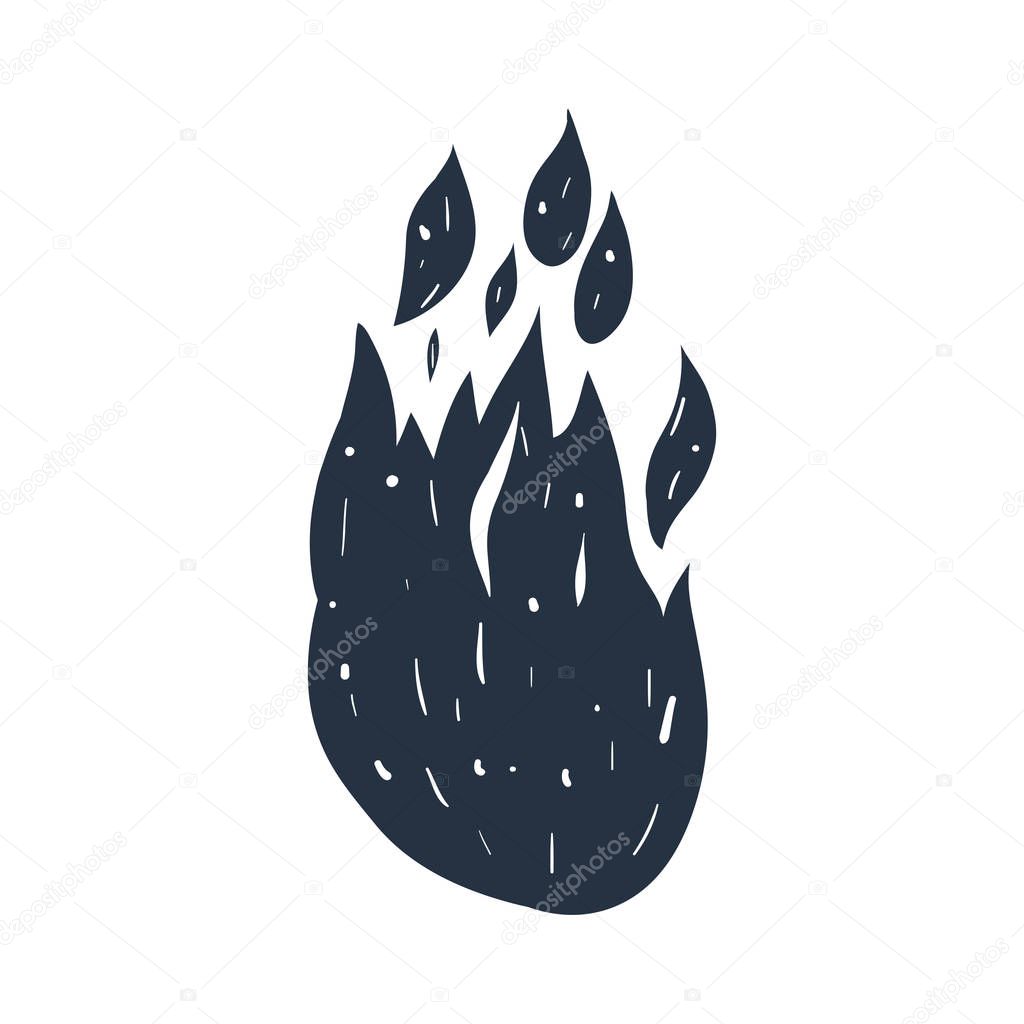 white background with dark blue hand drawn silhouette of flame