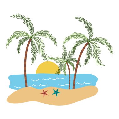 Deniz ve palmiye ağaçları arasında günbatımı manzara ile renk siluet