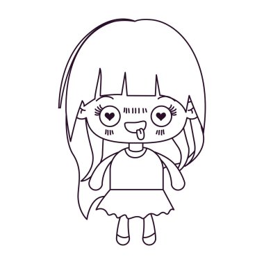 tek renkli siluet kawaii uzun saç ve yüz ifadesi aşık ile küçük kız