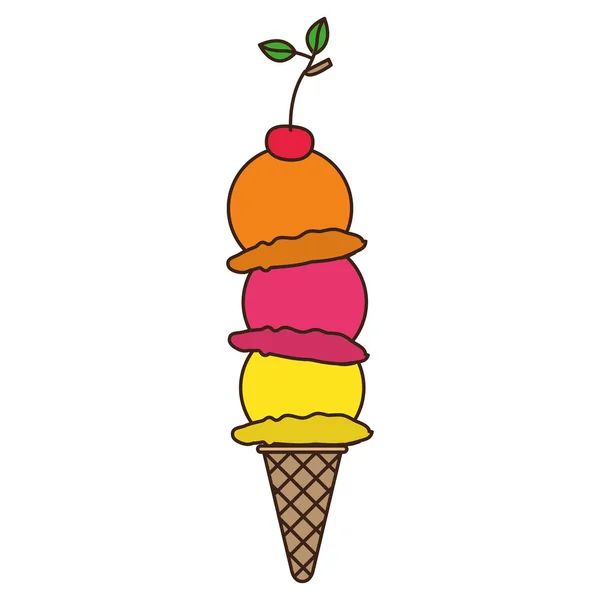Silueta colorida de cono de helado con tres bolas y cereza — Vector de stock