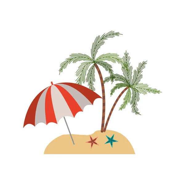 Sziluettje színes strand, pálmákkal és tengeri csillag és esernyő — Stock Vector