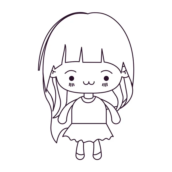 Monokrom silhuetten av kawaii liten flicka med långt hår och ansikts uttryck utmattad — Stock vektor