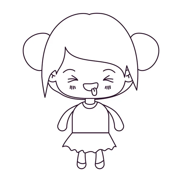 Silueta monocromática de la niña kawaii con el pelo recogido y la expresión facial desagradable — Vector de stock