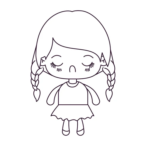 Silhouette monochrome de petite fille kawaii avec cheveux tressés et expression faciale dégoût — Image vectorielle