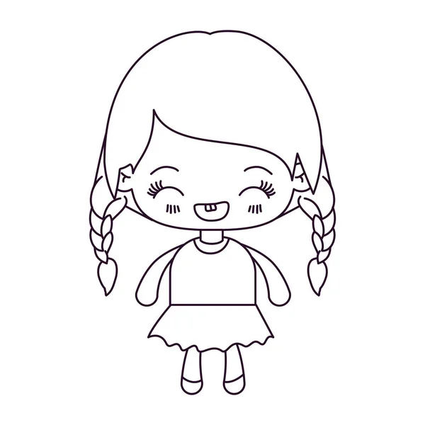 Silhouette monochrome de petite fille kawaii avec cheveux tressés et expression faciale riant — Image vectorielle