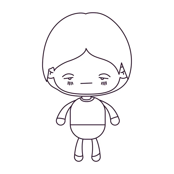 Silhouette monochrome de petit garçon kawaii avec expression faciale nerveuse — Image vectorielle