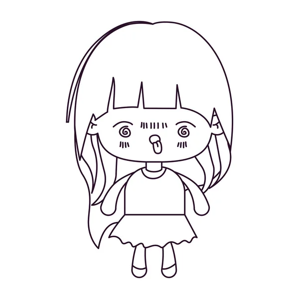 Monokrom silhuetten av kawaii liten flicka med långt hår och ansikts uttryck rasande — Stock vektor