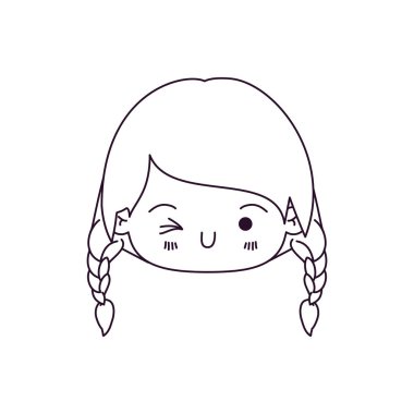 tek renkli kawaii silüeti baş örgülü saç ve yüz ifadesi wink göz ile küçük kız
