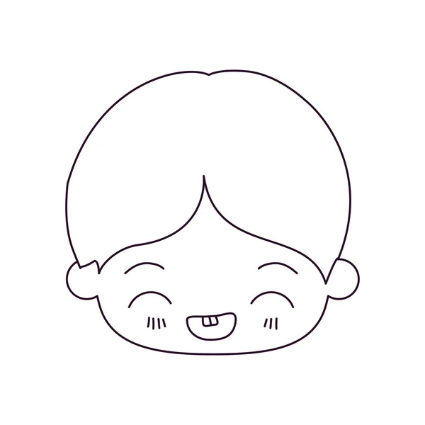 Silueta monocromática de la cabeza kawaii de niño pequeño con expresión facial riendo en primer plano — Vector de stock